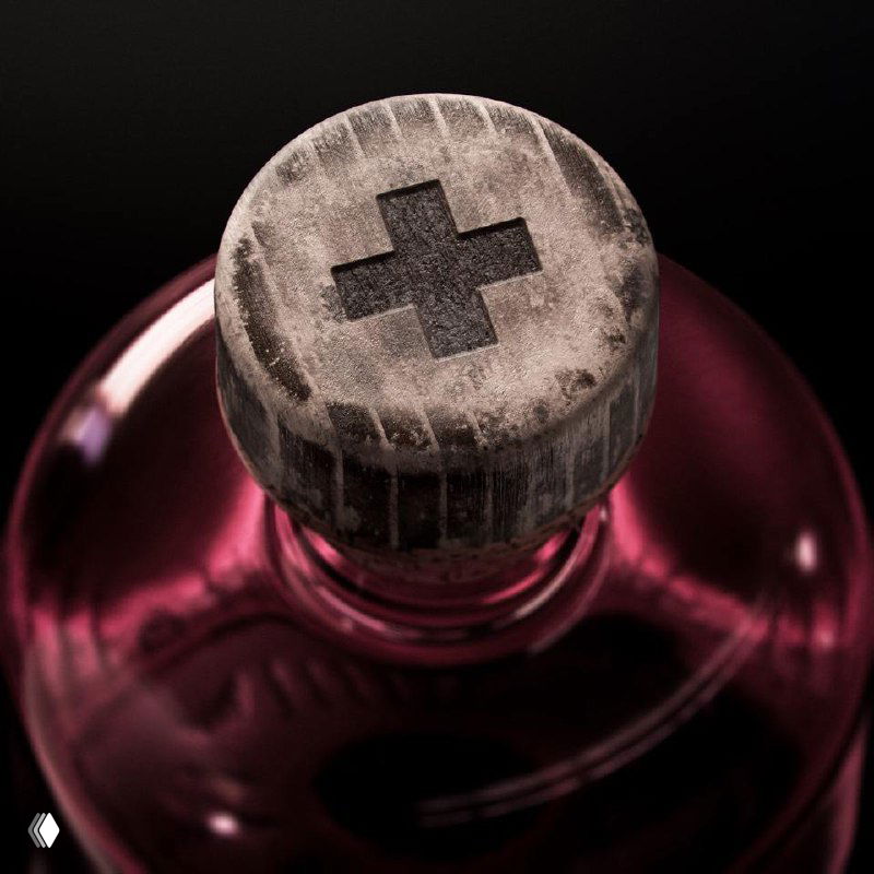 Крупный план пробки и горловины бутылки Ol’son с вдавленным символом «плюс», текстурой и металлическим эффектом на тёмном фоне.