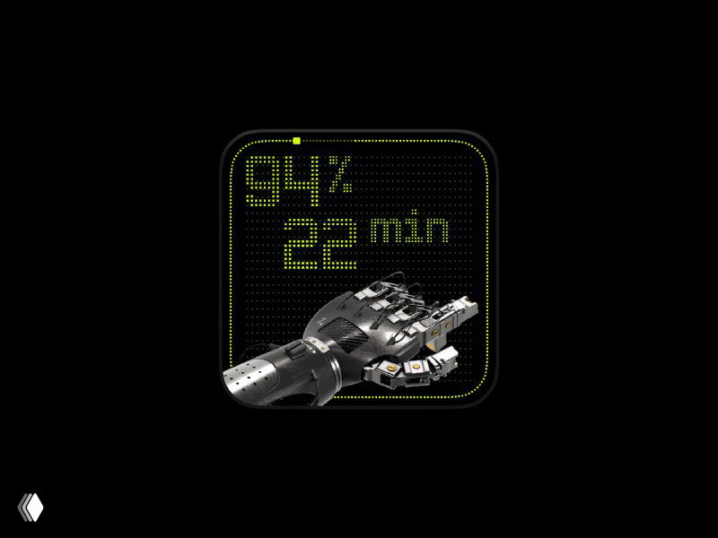 Техно‑стиллизованный виджет с 3D‑моделью и цифровыми показателями батареи и оставшегося времени на чёрном фоне, экспериментальный интерфейс.