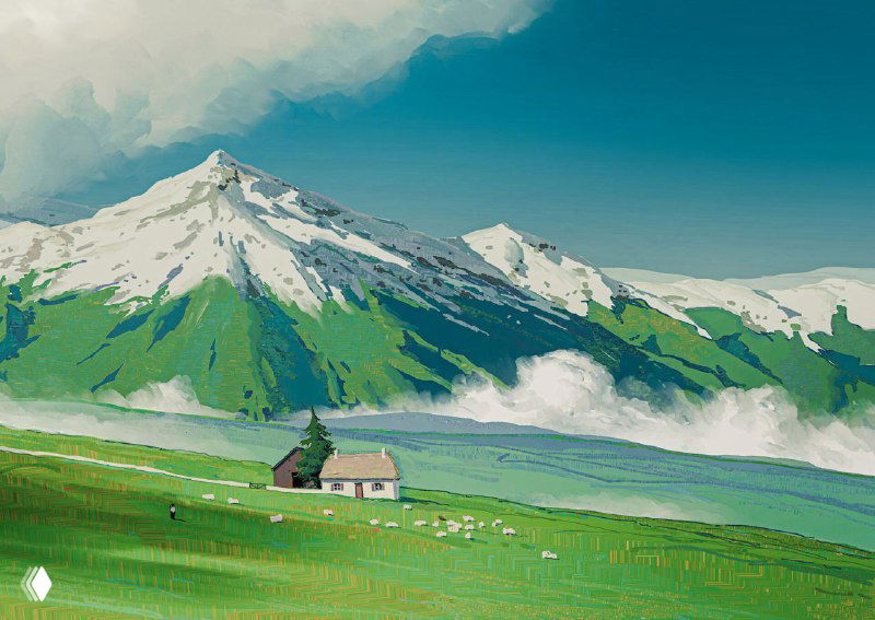 Иллюстрация Alariko: горный пейзаж со снеговыми вершинами, зелёной долиной, маленьким домом на переднем плане и ясным голубым небом.