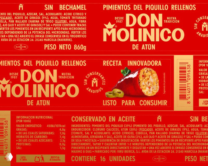 Макроснимок печатной этикетки Don Molinico с подробной информацией продукта: декоративная типографика, золотистые акценты и графические элементы в ретро-оформлении.