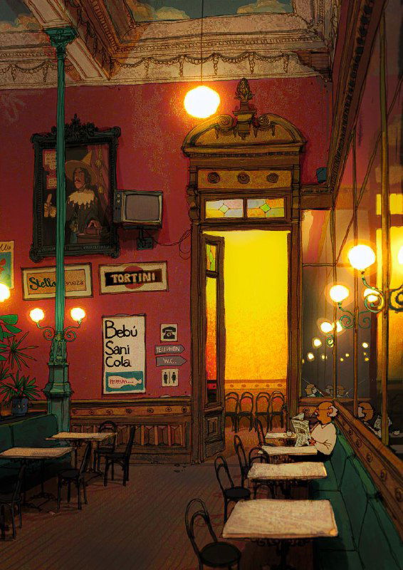 Иллюстрация Alariko: уютное тёплое кафе с пустыми столиками, жёлтым светом ламп и богатыми текстурами стен в ретро-стилистике, атмосферная сцена.