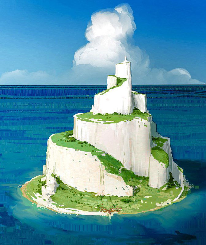 Иллюстрация Alariko: белая крепость-остров на фоне глубокого синего моря, зелёные дорожки по скалам и яркое небо — изолированная морская сцена.
