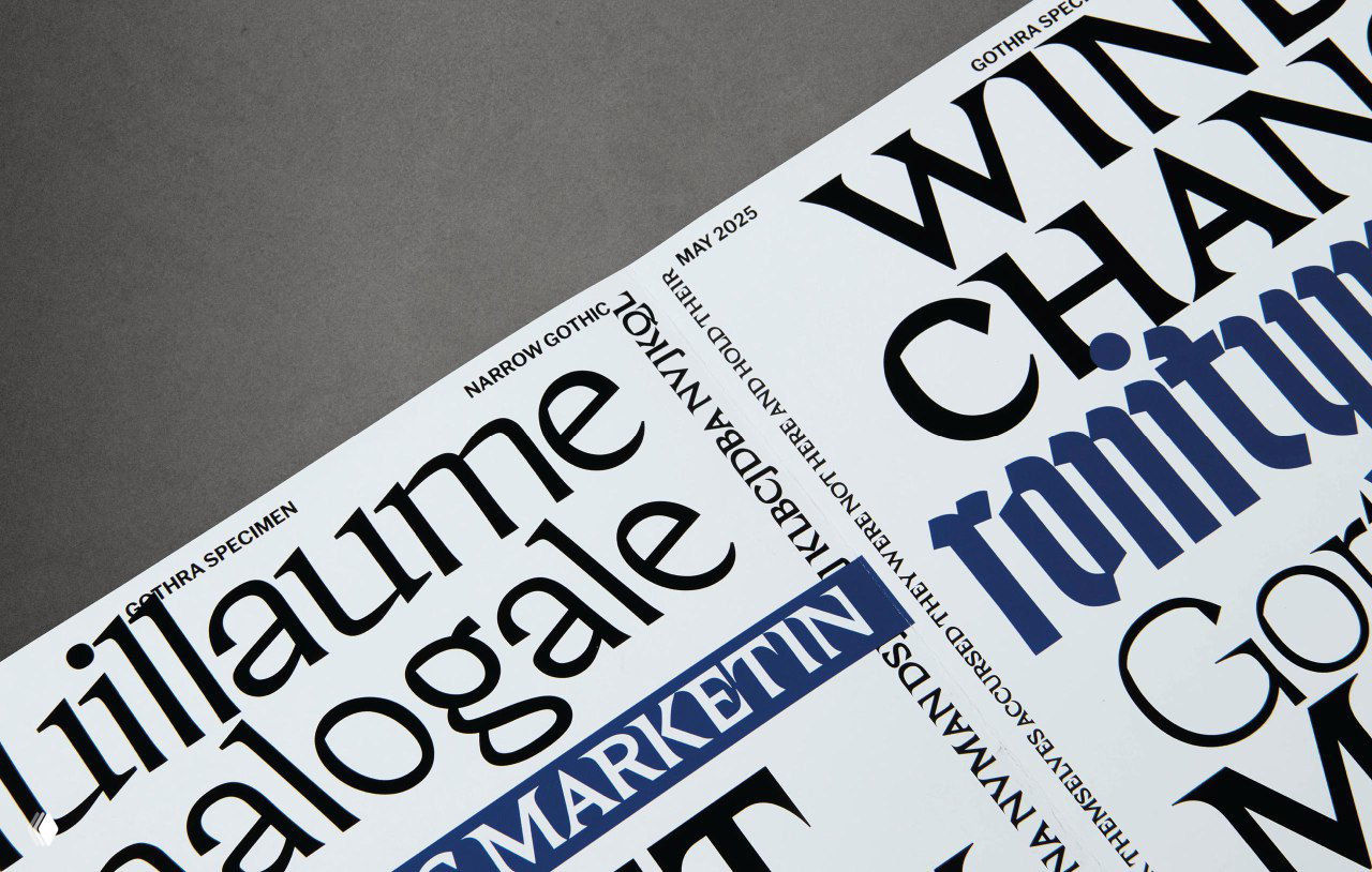 Разворот спецификации GOTHRA: страница с образцами гарнитуры, вариантами начертаний и типографскими сетками для демонстрации использования.