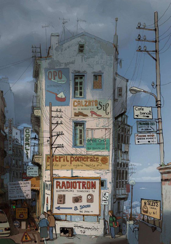 Иллюстрация Alariko: фасад высокого здания с рекламными плакатами и витринами, густая атмосферная гамма и мелкие архитектурные детали в городской сцене.