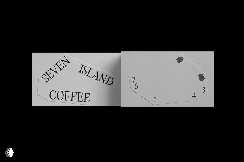 Чёрно‑белые полосы презентации сетки фирменных материалов: макеты шрифтового набора и эскиз асимметричного семиугольника с цифровыми метками.