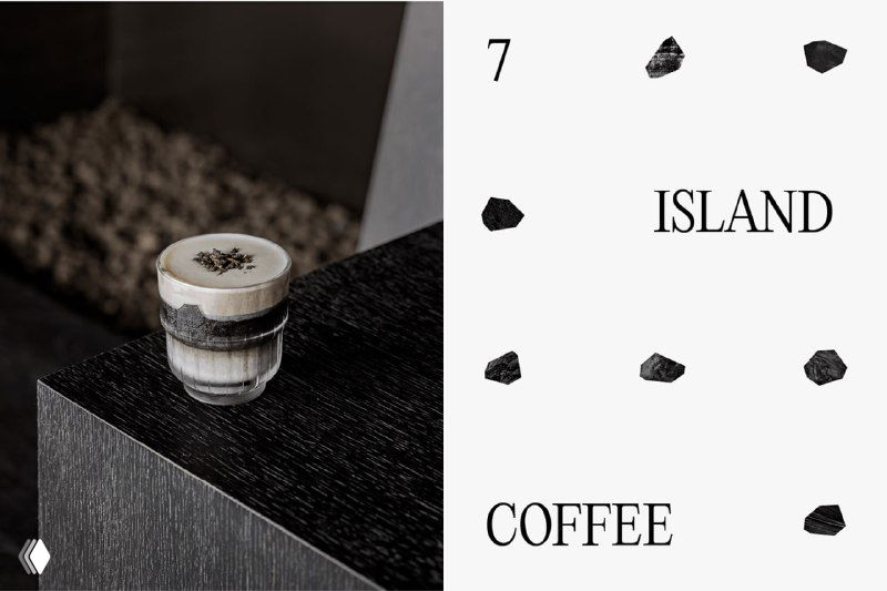 Детальное изображение чашки с латте рядом с графичным разворотом брендбука: сетка из маленьких островообразных знаков, слово ISLAND и цифра 7.