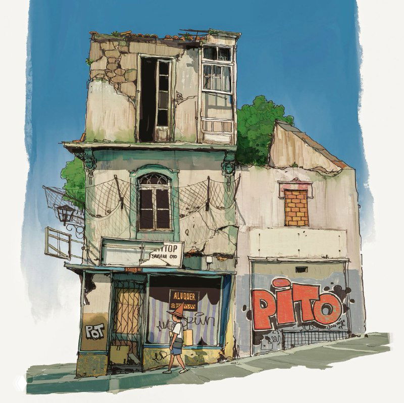 Иллюстрация Alariko: заброшенный или частично разрушенный дом с граффити, растительностью у стен и бытовыми деталями, настроение урбанистической ностальгии.