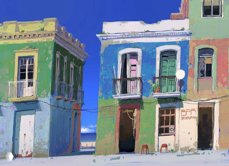 Иллюстрация Alariko: яркие цветные фасады прибрежных домов, выразительные тени и чёткие геометрические формы — солнечная городская сцена.