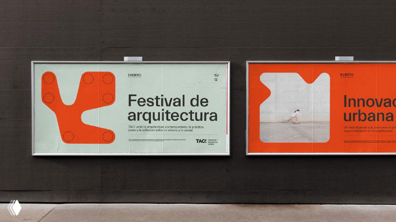 Уличные билборды с визуальной системой TAC: светлый фон, крупный текст «Festival de arquitectura» и абстрактные формы