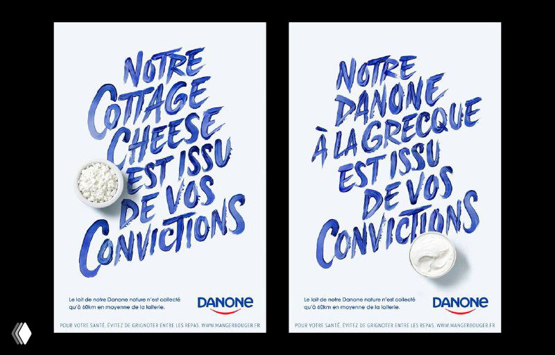 Парный принт с леттерингом в синих тонах: две рекламные карточки для Danone с рукописными надписями на французском и графическим акцентом.
