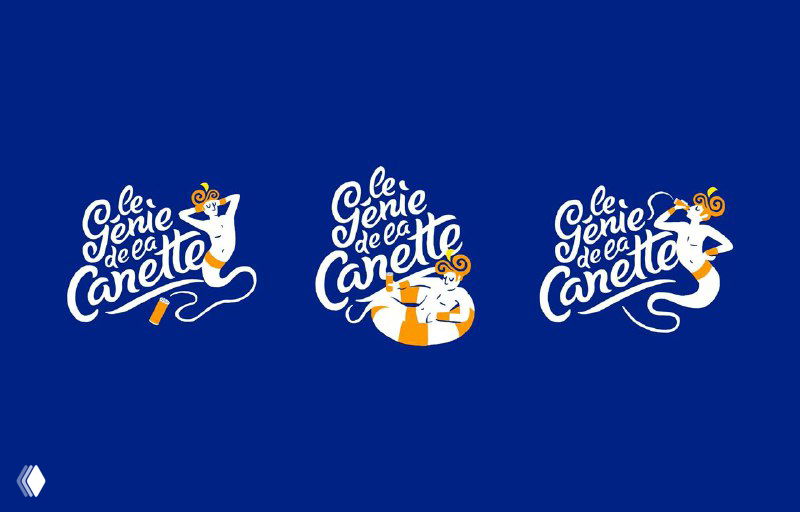 Серия логотипов и эмблем с леттерингом на тёмно‑синем фоне: лаконичные белые надписи и мини‑иллюстрации для брендовой айдентики.