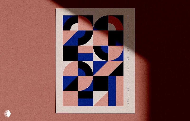 Постер с абстрактной геометрией и крупными цифрами; минималистичный леттеринг и контрастные формы в пастельной и тёмной палитре.