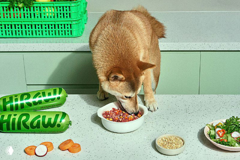 Собака нюхает миску с кормом рядом с упаковками HiRaw на кухонной поверхности; композиция демонстрирует потребительский контекст продукта для животных.
