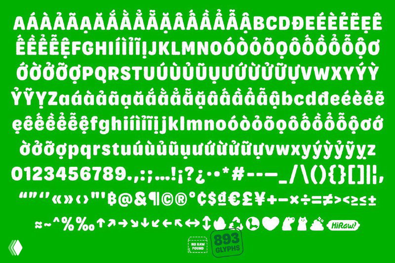 Образец кириллической и латинской типографики на зелёном фоне: крупные символы и характерные формы шрифта, подчёркивающие фирменный стиль HiRaw.