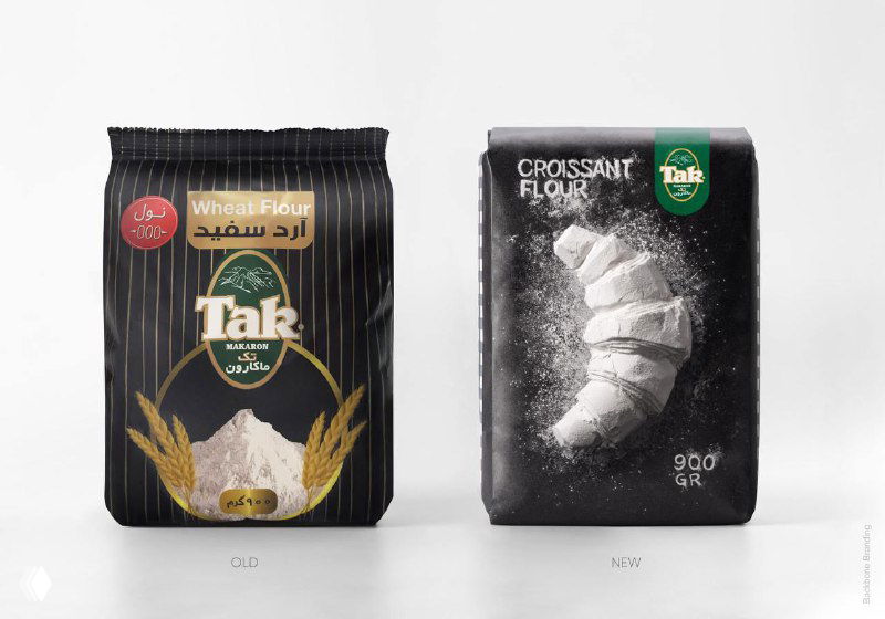 Два пакета муки Tak на светлом фоне: один с полосатым дизайном, второй с изображением круассана из муки; промо-фото проекта Backbone Branding.
