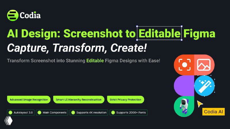 Маркетинговый баннер Codia AI: заголовок 'AI Design', визуальные элементы и превью процесса конвертации скриншота в редактируемый макет Figma.