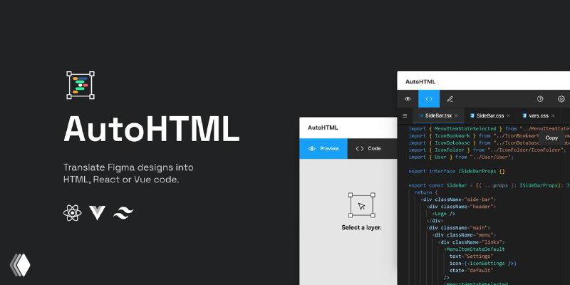 Экран плагина AutoHTML: логотип и пример экспорта кода из Figma с подсказками по генерации React/HTML/Vue файлов и структуры проекта.