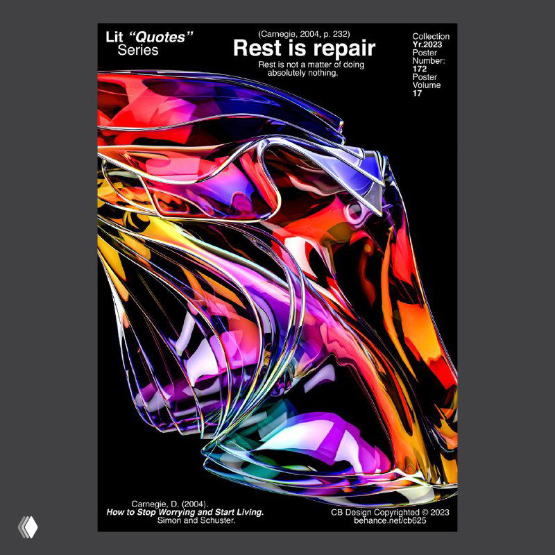 Чёрный постер с яркими глянцевыми абстрактными 3D-формами и фрагментами текста «Rest is repair», насыщенные бликовые переходы и глубина сцены.