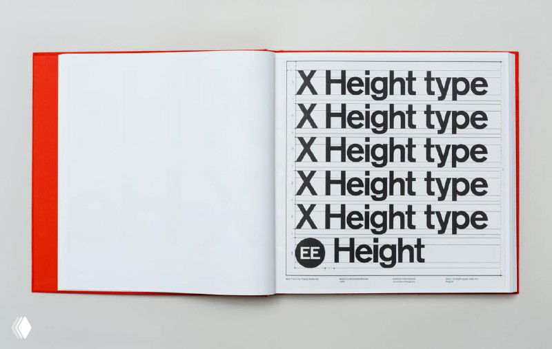 Открытая развёртка книги: страница с повторяющимся заголовком «X Height type», демонстрация типографских образцов и макета внутри гайдлайна.