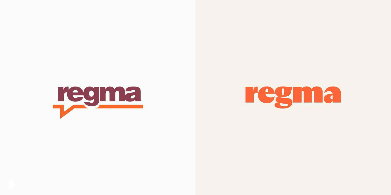 Два варианта логотипа Regma на светлом фоне: более тёмный и ярко‑оранжевый, примеры графической айдентики и контрастных цветовых решений.