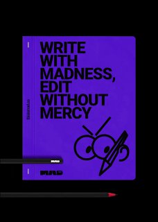 Черно‑фиолетовый макет блокнота с лозунгом «WRITE WITH MADNESS, EDIT WITHOUT MERCY» и изображением маскота, стикерная и рекламная графика.