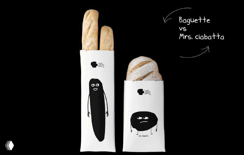 Фотография упаковки: багеты в минималистичных бумажных чехлах с чёрно-белыми нарисованными персонажами, демонстрация фирменного стиля.