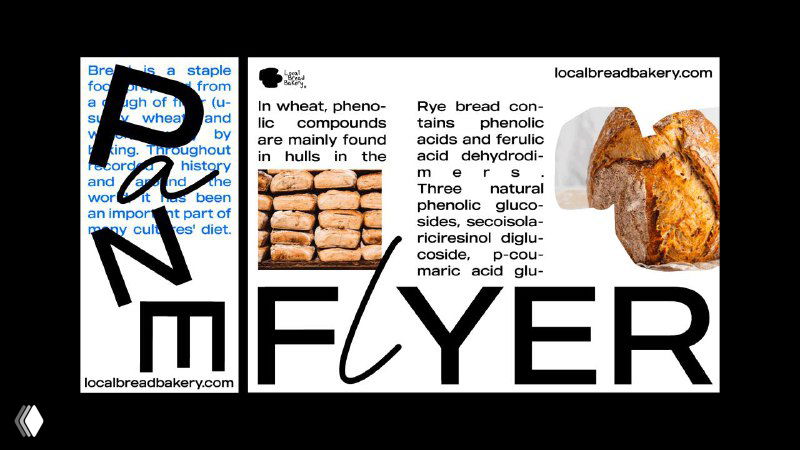 Чёрно-белая рекламная флайер-композиция с текстовыми элементами и фотографиями хлеба, комбинированная с эскизными иллюстрациями бренда пекарни.