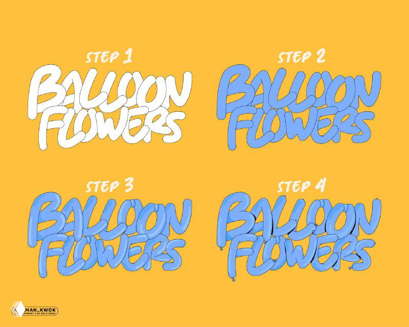 Панель с четырьмя шагами построения надписи «Balloon Flowers»: последовательность этапов создания объёмного шрифта в иллюстративном стиле.