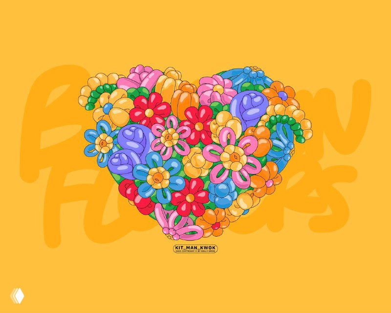 Композиция в форме сердца, собранная из множества цветочных воздушных шаров: разнообразные яркие элементы на жёлтом фоне, декоративная иллюстрация.
