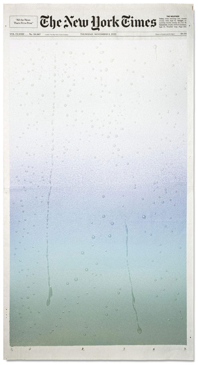 Светло-пастельная акриловая поверхность на полосе The New York Times с едва заметными каплями дождя и мягким горизонтальным переходом цвета.