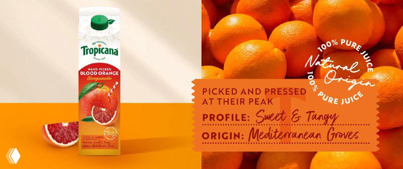 Коллаж из снимков упаковки и аппетитных апельсинов с текстурой, демонстрирующий натуральную составляющую продукта и фирменные цвета бренда.