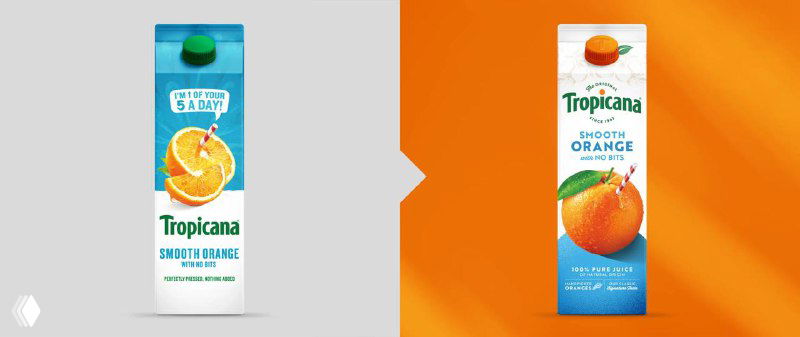 Сравнительный кадр двух упаковок Tropicana: старая и новая версия, показанные в бок о бок для визуального сравнения редизайна.