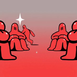 Иллюстрация Эндрю Белла: сцена с несколькими красными абстрактными персонажами на градиентном фоне и декоративными световыми бликами.