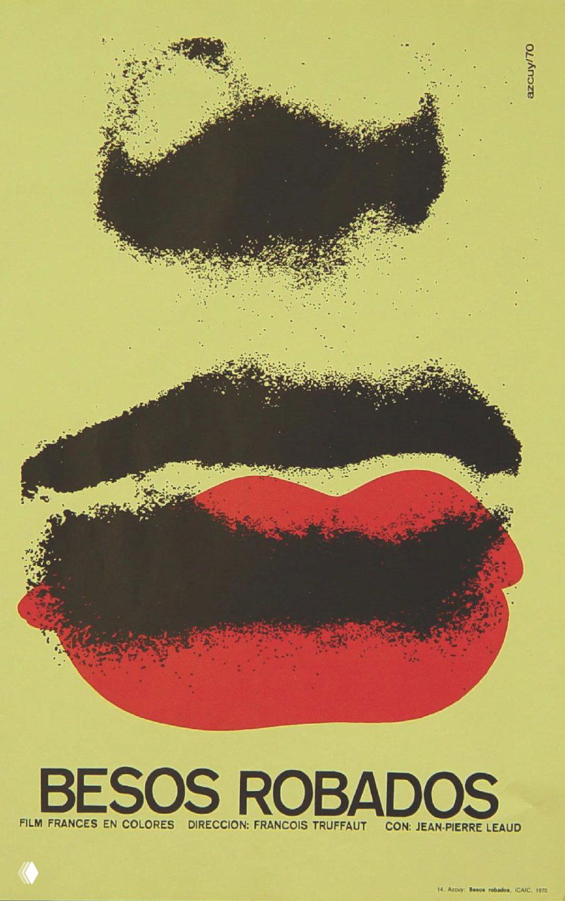 Яркий постер с крупным графическим изображением губ и мазков чёрного и красного на светлом фоне, контрастный стиль плакатного дизайна.