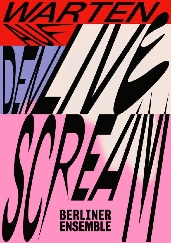 Яркий плакат с наклонной дисторсированной типографикой и цветовыми блоками — красный, розовый и бежевый, энергичная плакатная манера.