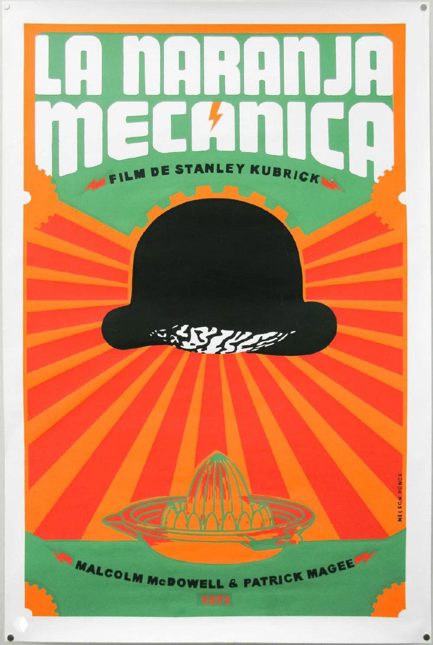 Яркий постер в оранжево-зелёной гамме с чёрной шляпой и стилизованными лучами — выразительный ретро-дизайн киноплаката.