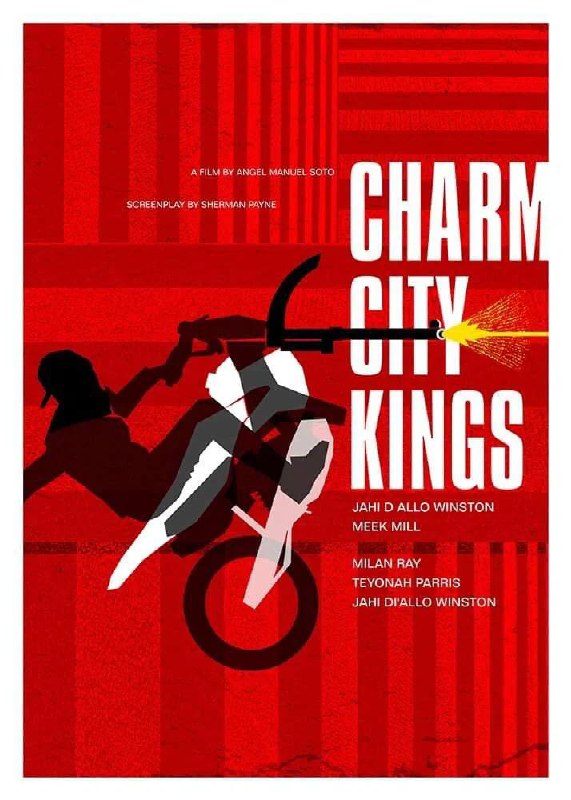 Красный графический постер с силуэтом трюкача на мотоцикле и динамичной композицией, минималистичные формы и высокая контрастность.