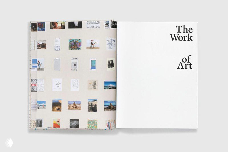 Разворот книги «The Work of Art» с сеткой небольших изображений на левой странице и минималистичным титулом на правой странице разворота.