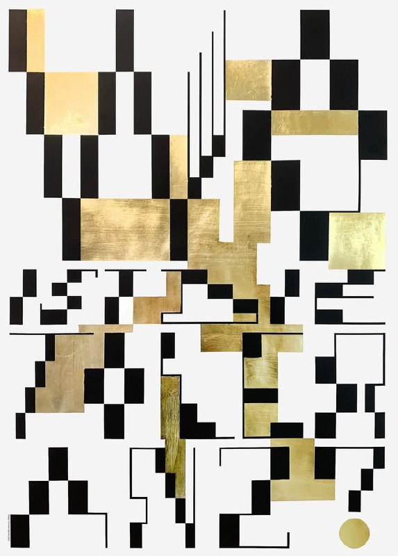 Геометрический постер с шахматной структурой и золотыми акцентами; экспериментальная типографика и модульная композиция от автора из Берлина.