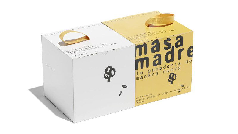 Коробка брендинга: бело‑жёлтая упаковочная коробка с крупной надписью «masa madre» и лаконичным логотипом в концепции фирменного стиля.