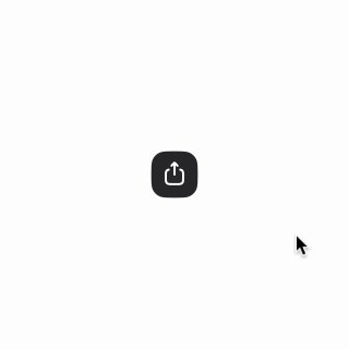 Иконка «share» в округлом чёрном квадрате на белом фоне; демонстрация минималистичной анимации иконки-утилиты в интерфейсе.