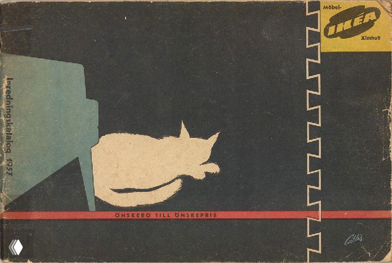 Минималистичная обложка каталога IKEA с композиционной графикой и силуэтом кошки — примеры раннего фирменного стиля бренда.