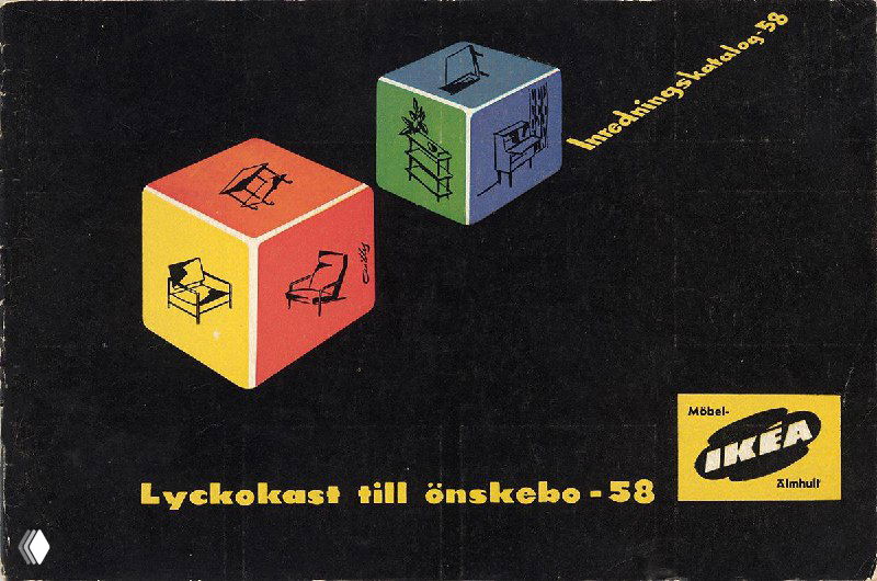 Графическая обложка каталога IKEA с яркими кубами и пиктограммами предметов мебели — дизайн середины XX века в рекламной подаче.