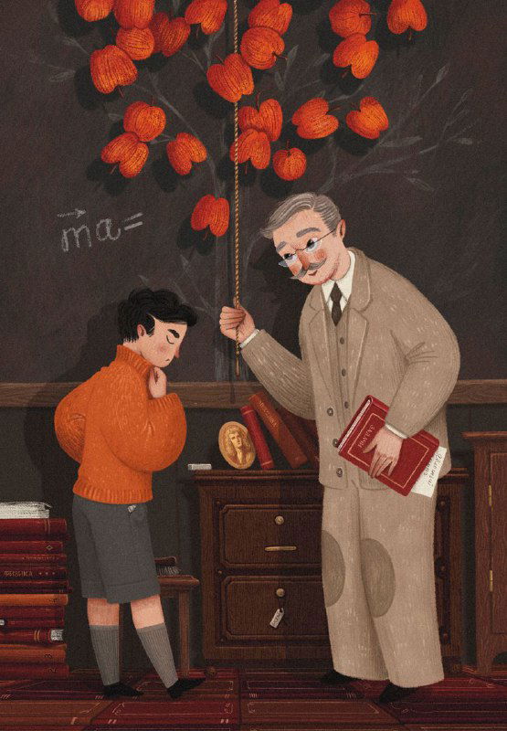 Иллюстрация в тёплых тонах: учитель с книгой разговаривает с мальчиком у классной доски, над ними свисают ягоды рябины.