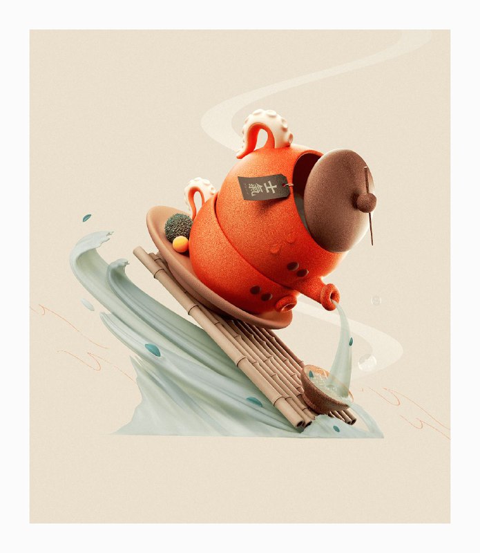 3D-иллюстрация чайника/сервиза с едой в декоративной стилизации; динамика форм, плавные контуры и графические акценты в работе автора