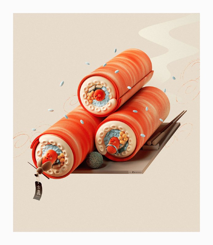 3D-рендеры роллов/суши-подобных цилиндров: текстурные детали, мягкое освещение и акцент на форме, часть серии Fooooooood от иллюстратора Are P