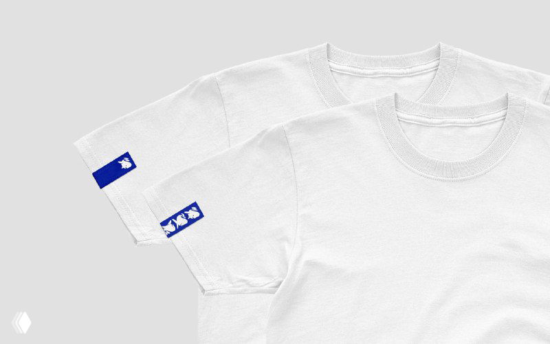 Пара белых футболок с небольшими синими шевронами и метками бренда Drinkit на рукаве: пример брендирования одежды и мерча для стартапа.