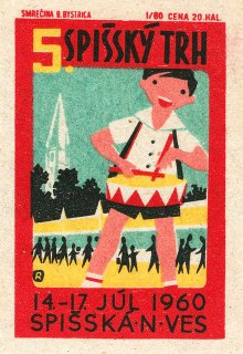 Колоритная винтажная этикетка с изображением человека в национальном костюме и барабаном, рекламный стиль 1950–1960-х годов на спичечном коробке