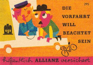 Цветная винтажная этикетка с текстом на немецком языке и изображением людей в машине, призыв по безопасности на дороге в стилизованной графике