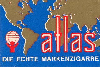 Яркая графическая этикетка с картой мира и надписью «atlas», рекламный дизайн табачной или сигаретной марки в винтажной стилистике